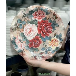Đĩa cảnh trang trí Bát Tràng vẽ tay hoa hồng D35A Đĩa cảnh trang trí Bát Tràng vẽ tay hoa hồng D35A