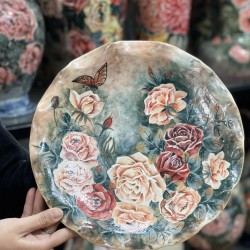 Đĩa cảnh trang trí Bát Tràng vẽ tay chim hoa D35