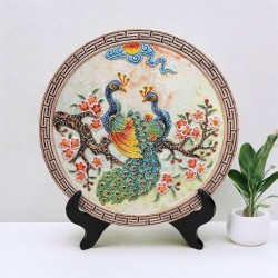 Đĩa cảnh trang trí Bát Tràng đắp nổi Chim Công Hoa Đào D41 Đĩa cảnh trang trí Bát Tràng đắp nổi Chim Công Hoa Đào D41