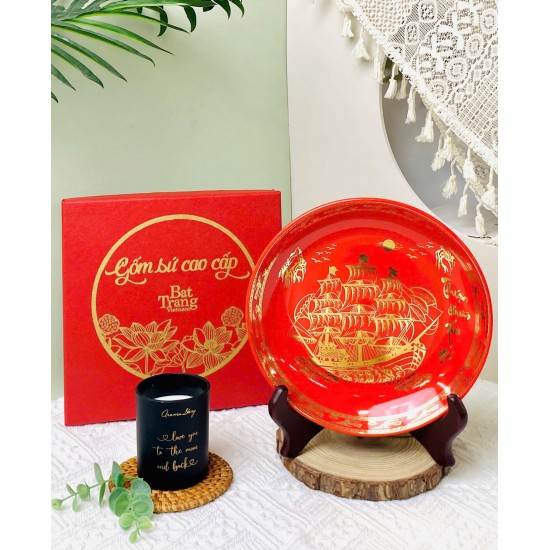 Đĩa trang trí vẽ vàng Thuận Buồm Xuôi Gió màu theo phong thủy D42