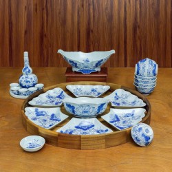 Bộ bát đĩa hoa mặt trời vẽ hoa sen xanh DA02E