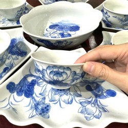 Bộ bát đĩa hoa mặt trời vẽ hoa sen xanh DA02E