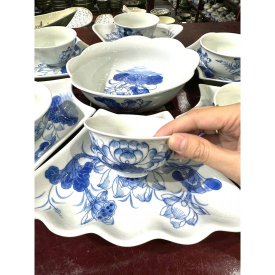 Bộ bát đĩa hoa mặt trời vẽ hoa sen xanh DA02E