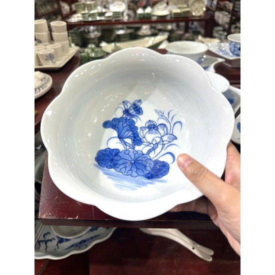 Bộ bát đĩa hoa mặt trời vẽ hoa sen xanh DA02E