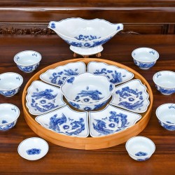 Bộ bát đĩa hoa mặt trời men lam vẽ rồng phượng DA03C