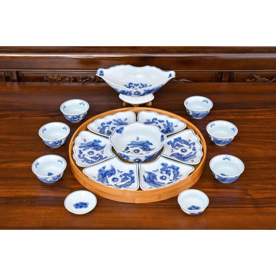 Bộ bát đĩa hoa mặt trời men lam vẽ rồng phượng DA03C