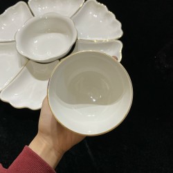 Bộ bát đĩa hoa mặt trời men trắng vẽ viền vàng kim Bát Tràng DA09A