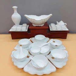 Bộ bát đĩa hoa mặt trời men trắng vẽ viền vàng kim Bát Tràng DA09B