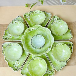 Bộ bát đĩa hoa mặt trời vẽ hoa mận trắng vân đá xanh lá DA11