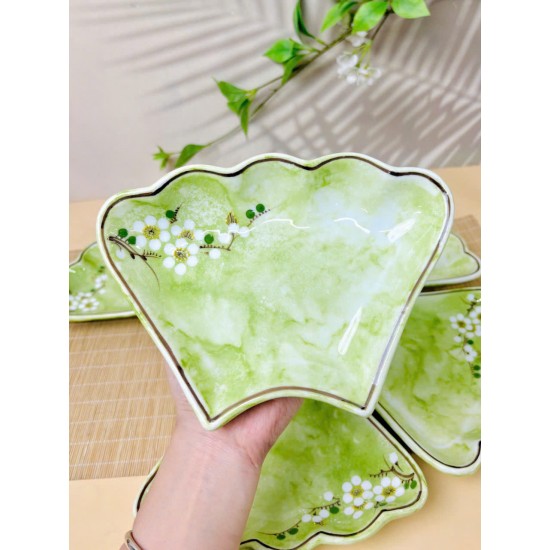 Bộ bát đĩa hoa mặt trời vẽ hoa mận trắng vân đá xanh lá DA11
