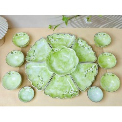 Bộ bát đĩa hoa mặt trời vẽ hoa mận trắng vân đá xanh lá DA11