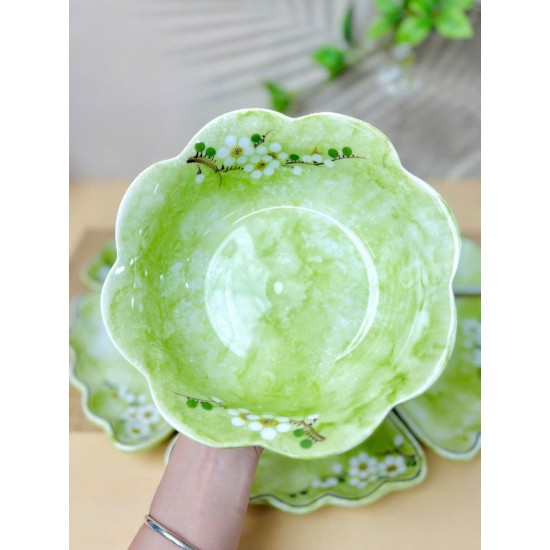 Bộ bát đĩa hoa mặt trời vẽ hoa mận trắng vân đá xanh lá DA11