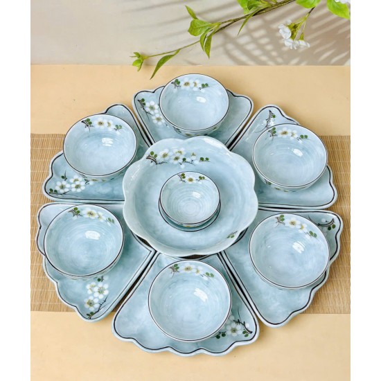 Bộ bát đĩa hoa mặt trời vẽ hoa mận trắng vân đá xanh dương DA11A