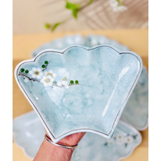 Bộ bát đĩa hoa mặt trời vẽ hoa mận trắng vân đá xanh dương DA11A