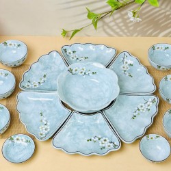 Bộ bát đĩa hoa mặt trời vẽ hoa mận trắng vân đá xanh dương DA11A
