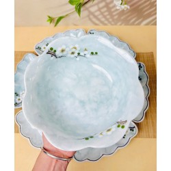 Bộ bát đĩa hoa mặt trời vẽ hoa mận trắng vân đá xanh dương DA11A