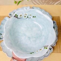 Bộ bát đĩa hoa mặt trời vẽ hoa mận trắng vân đá xanh dương DA11A