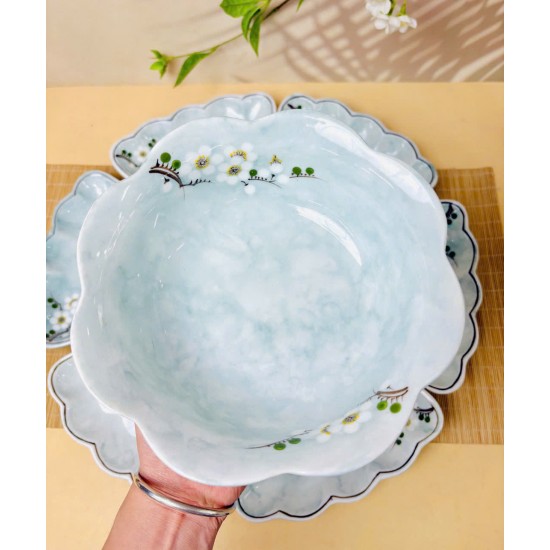 Bộ bát đĩa hoa mặt trời vẽ hoa mận trắng vân đá xanh dương DA11A