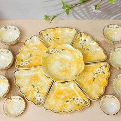 Bộ bát đĩa hoa mặt trời vẽ hoa mận trắng vân đá  vàng DA11B