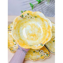 Bộ bát đĩa hoa mặt trời vẽ hoa mận trắng vân đá  vàng DA11B