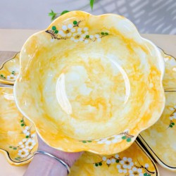 Bộ bát đĩa hoa mặt trời vẽ hoa mận trắng vân đá  vàng DA11B