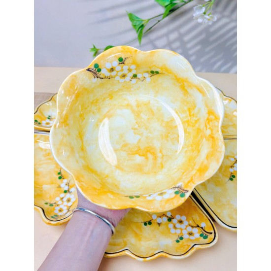 Bộ bát đĩa hoa mặt trời vẽ hoa mận trắng vân đá  vàng DA11B