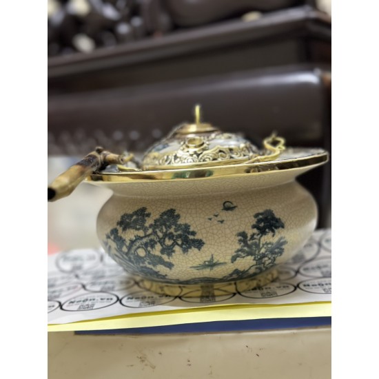 Điếu bát Bát Tràng men rạn họa tiết sơn thủy DB01C