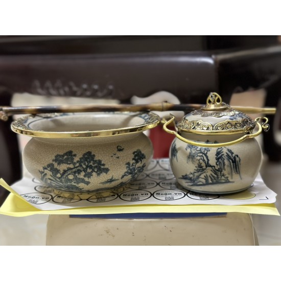 Điếu bát Bát Tràng men rạn họa tiết sơn thủy DB01C