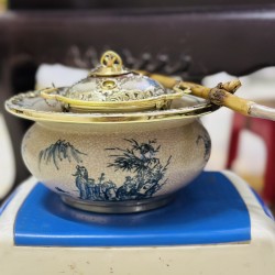 Điếu bát men rạn bọc đồng họa tiết Trúc lâm Bát Tràng DB09F