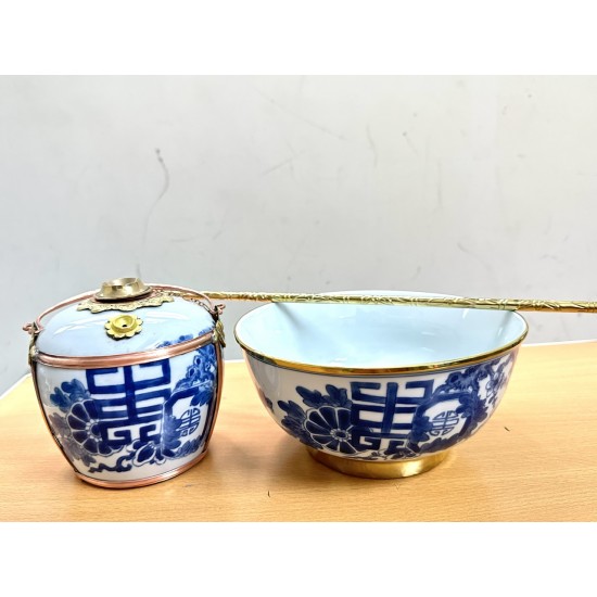 Điếu bát tô men chàm giả cổ vẽ Mai Cài Thọ bọc đồng DB19A Điếu bát tô men chàm giả cổ vẽ Mai Cài Thọ bọc đồng DB19A