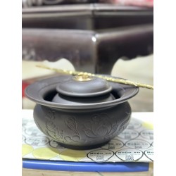 Điếu bát gốm tử sa vẽ sen Bát Tràng kèm xe đồng DB40D