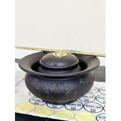 Điếu bát gốm tử sa vẽ sen Bát Tràng kèm xe đồng DB40D