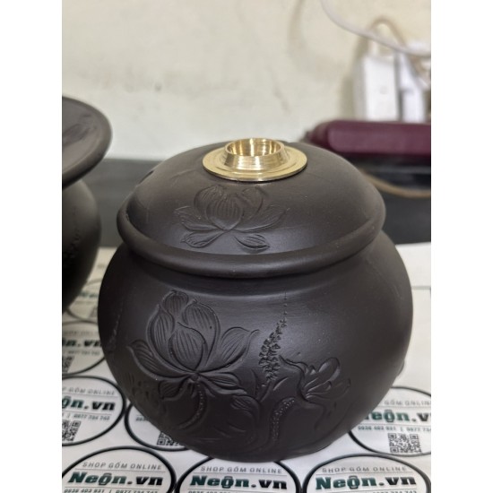 Điếu bát gốm tử sa vẽ sen Bát Tràng kèm xe đồng DB40D Điếu bát gốm tử sa vẽ sen Bát Tràng kèm xe đồng DB40D