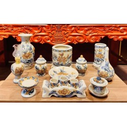 Bộ đồ thờ men rạn đắp nổi sen Bát Tràng DT33B Bộ đồ thờ men rạn đắp nổi sen Bát Tràng DT33B