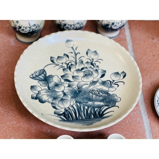 Bộ đồ thờ 3 bát hương men rạn vẽ sen Bát Tràng DT38B