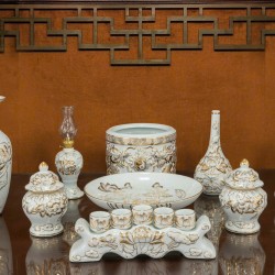 Bộ đồ thờ cao cấp Bát Tràng men trắng vẽ vàng 24k DT39