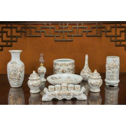 Bộ đồ thờ cao cấp Bát Tràng men trắng vẽ vàng 24k DT39