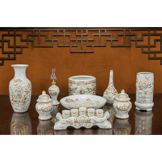 Bộ đồ thờ cao cấp Bát Tràng men trắng vẽ vàng 24k DT39