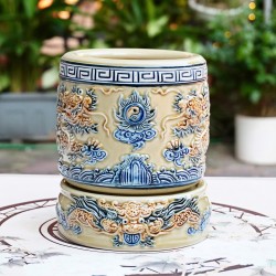 Bát hương Bát Tràng men hoàng thổ đắp nổi rồng BH04HT