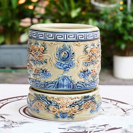 Bát hương Bát Tràng men hoàng thổ đắp nổi rồng BH04HT