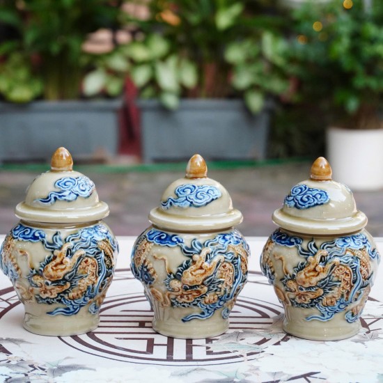 Bộ đồ thờ Bát Tràng men hoàng thổ đắp nổi rồng DT40HT Bộ đồ thờ Bát Tràng men hoàng thổ đắp nổi rồng DT40HT