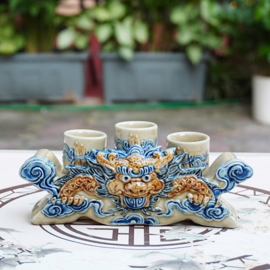 Bộ đồ thờ Bát Tràng men hoàng thổ đắp nổi rồng DT40HT Bộ đồ thờ Bát Tràng men hoàng thổ đắp nổi rồng DT40HT