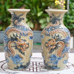 Đôi lọ hoa thờ men hoàng thổ đắp nổi hình rồng LHT07