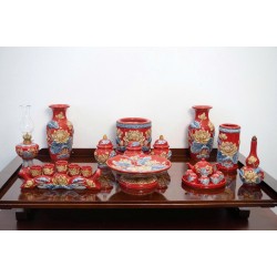 Bộ đồ thờ Bát Tràng men đỏ đắp nổi hoa sen DT41Đ