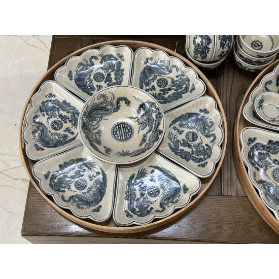 Bộ đồ ăn hoa mặt trời men rạn vẽ rồng phượng DA03A