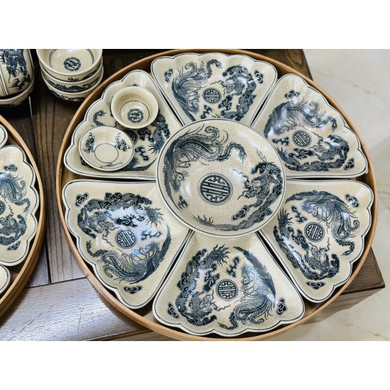 Bộ đồ ăn hoa mặt trời men rạn vẽ rồng phượng DA03A