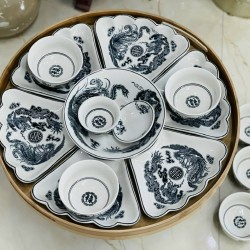 Bộ đồ ăn hoa mặt trời men rạn đen bóng vẽ rồng phượng DA03B