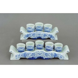 Bộ kỷ ngai 3 chén thờ men lam hoa sen KN02S3