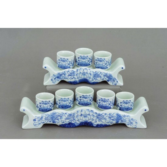 Bộ kỷ ngai 3 chén thờ men lam hoa sen KN02S3