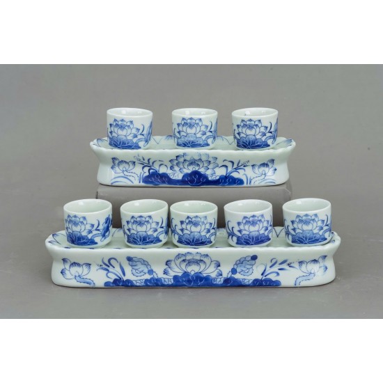 Bộ kỷ thẳng 3 chén thờ men lam hoa sen KT02S3